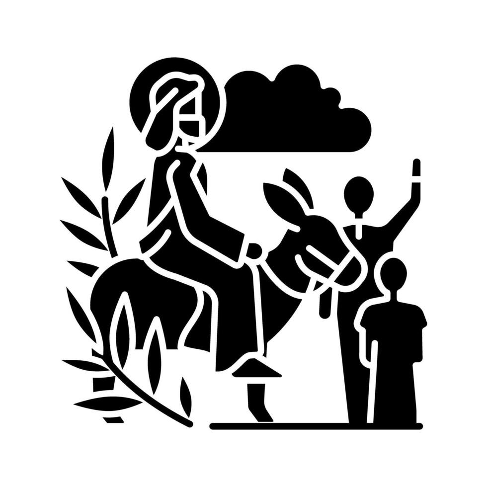 Triumph Eintrag in jerusalem schwarz Glyphe Symbol. Palme Sonntag. Start von heilig Woche. Jesus Christus Reiten Esel. Silhouette Symbol auf Weiß Raum. solide Piktogramm. Vektor isoliert Illustration