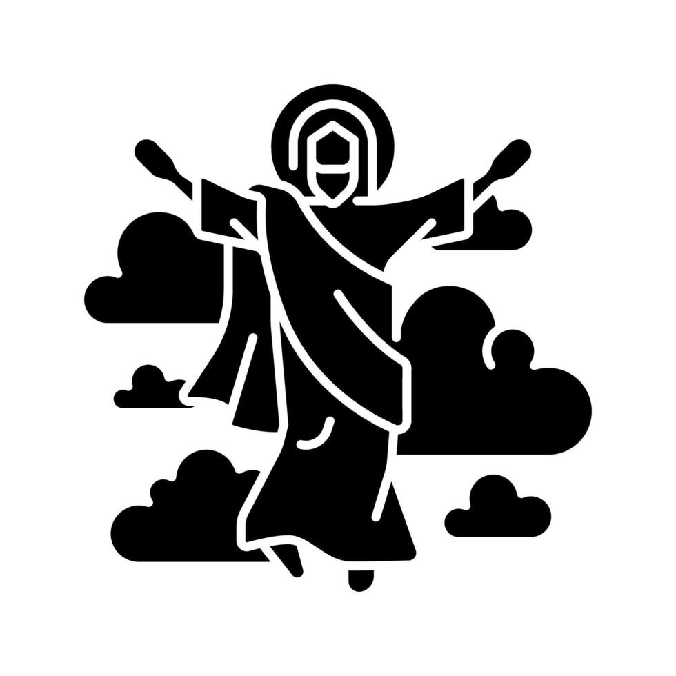 Aufstieg von Jesus schwarz Glyphe Symbol. Jesus aufgestiegen zu Himmel. Christian Schrift. Neu Testament. religiös Wunder. Silhouette Symbol auf Weiß Raum. solide Piktogramm. Vektor isoliert Illustration