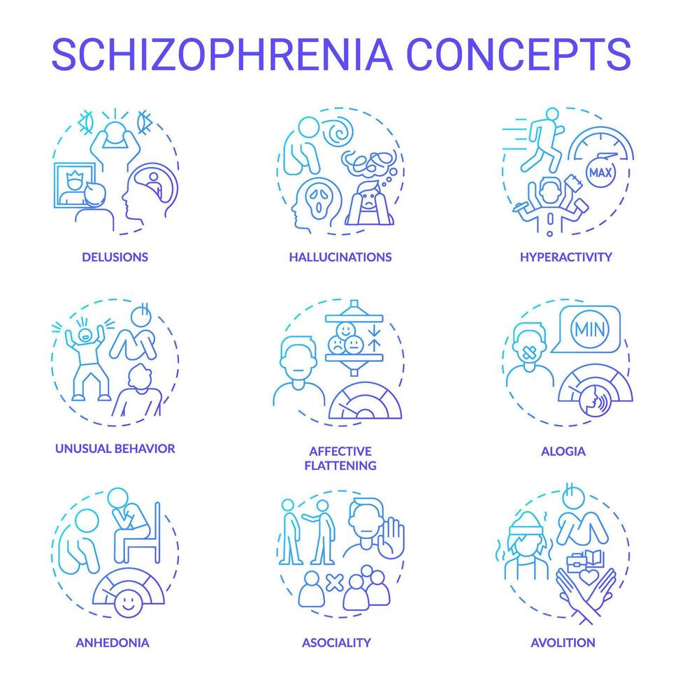 schizofreni oordning blå lutning begrepp ikoner. ikon packa. vektor bilder. runda form illustrationer för infografik, presentation, broschyr, häfte, PR material, artikel. abstrakt aning