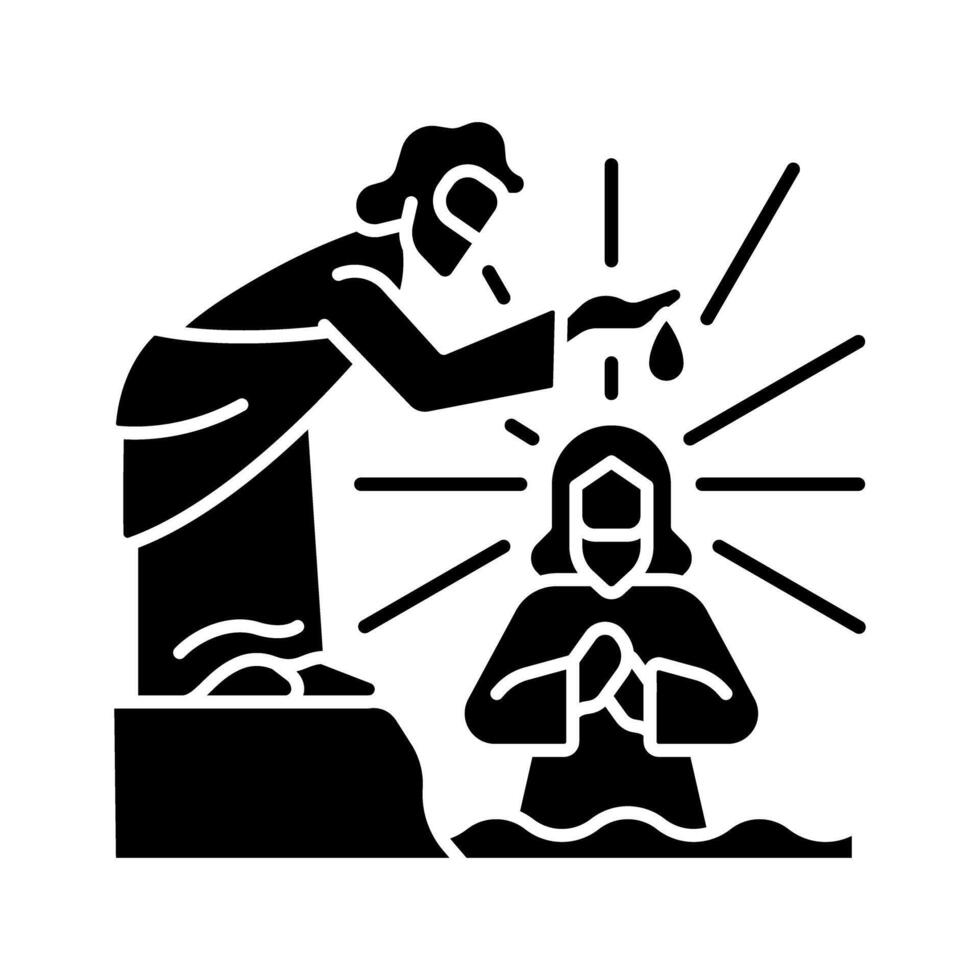 Taufe von Jesus schwarz Glyphe Symbol. traditionell Ritual. Fluss Jordanien. Jesus Christus und John das Baptist. biblisch Szene. Silhouette Symbol auf Weiß Raum. solide Piktogramm. Vektor isoliert Illustration