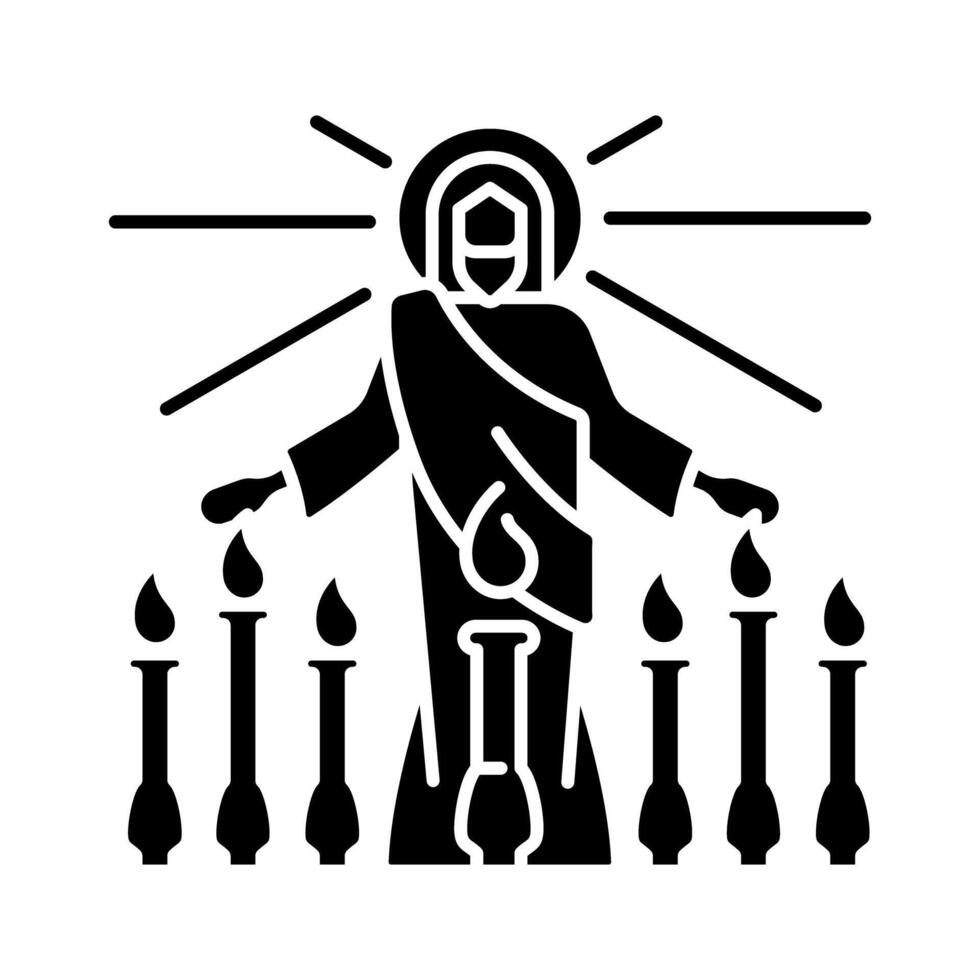 uppenbarelse svart glyf ikon. Jesus christ och sju lampställ. biblisk scen. apostel john syn och skriften. silhuett symbol på vit Plats. fast piktogram. vektor isolerat illustration