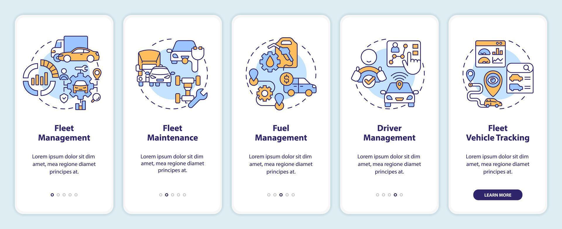 Flotte Verwaltung Onboarding Handy, Mobiltelefon App Bildschirm. Fahrzeug Wartung. Komplettlösung 5 Schritte editierbar Grafik Anleitung mit linear Konzepte. ui, ux, gui Vorlage vektor