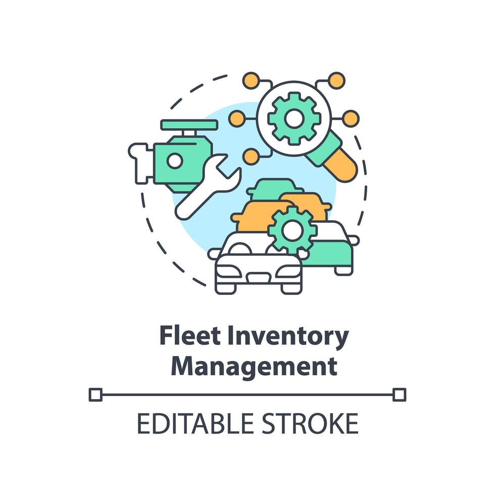 Flotte Inventar Verwaltung multi Farbe Konzept Symbol. Fahrzeug diagnostisch, Effizienz Kontrolle. runden gestalten Linie Illustration. abstrakt Idee. Grafik Design. einfach zu verwenden im Infografik, Präsentation vektor