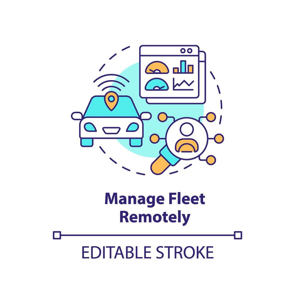 Fernbedienung Flotte verwalten multi Farbe Konzept Symbol. Fahrzeug Verfolgung, Effizienz Kontrolle. runden gestalten Linie Illustration. abstrakt Idee. Grafik Design. einfach zu verwenden im Infografik, Präsentation vektor