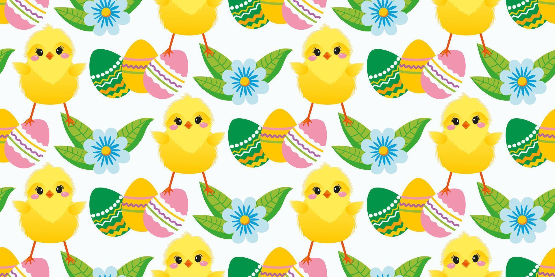 nahtlos Ostern Muster mit Frühling Blumen, süß Hühner, gemalt Eier. das heiter Ostern Design zum Hintergrund, Digital Papier, Hintergrund, Stoff. nahtlos Muster. Vektor Illustration.