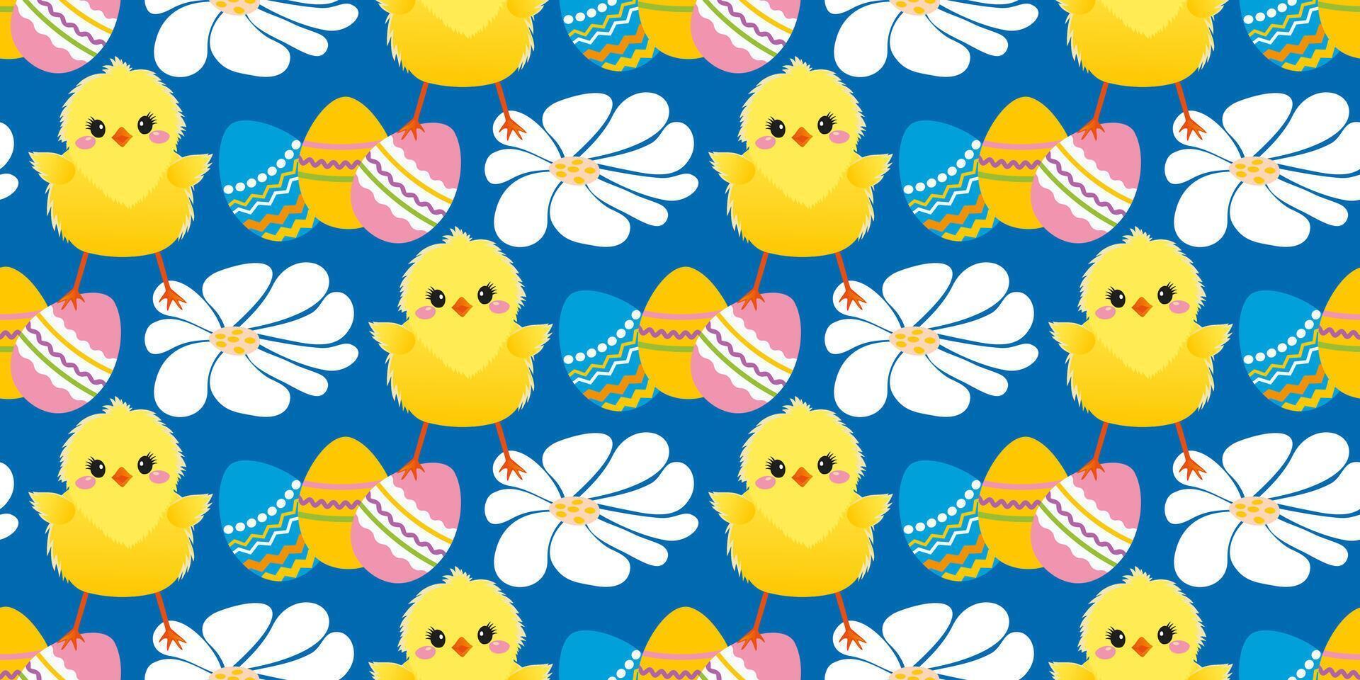 süß Frühling Muster mit Ostern Eier, Blumen, Hühner. das heiter Ostern Design zum Hintergrund, Digital Papier, Hintergrund, Stoff. nahtlos Muster. Vektor Illustration.