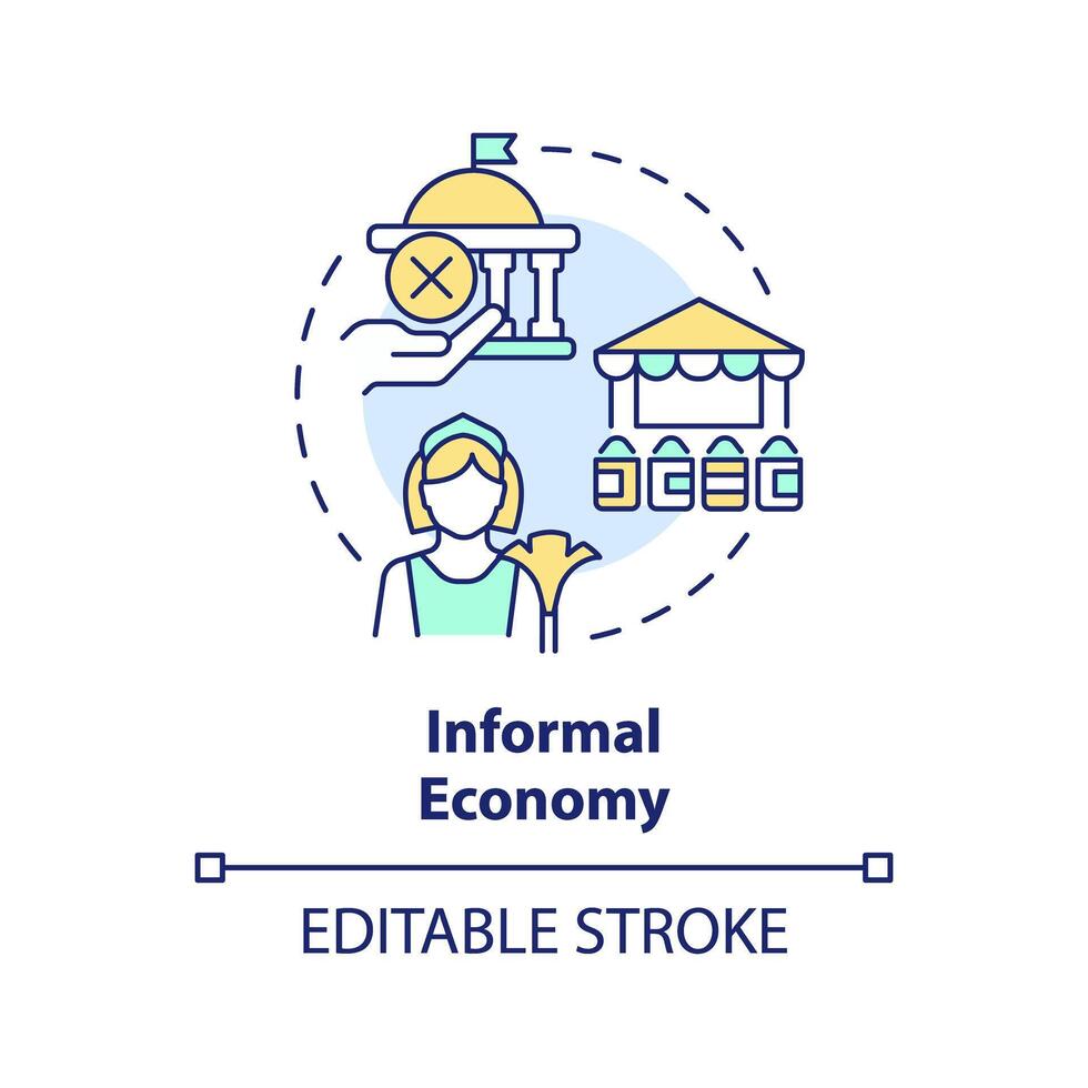 informell Wirtschaft multi Farbe Konzept Symbol. finanziell Dezentralisierung. Bürgersteig Handel. runden gestalten Linie Illustration. abstrakt Idee. Grafik Design. einfach zu verwenden im Broschüre, Heft vektor