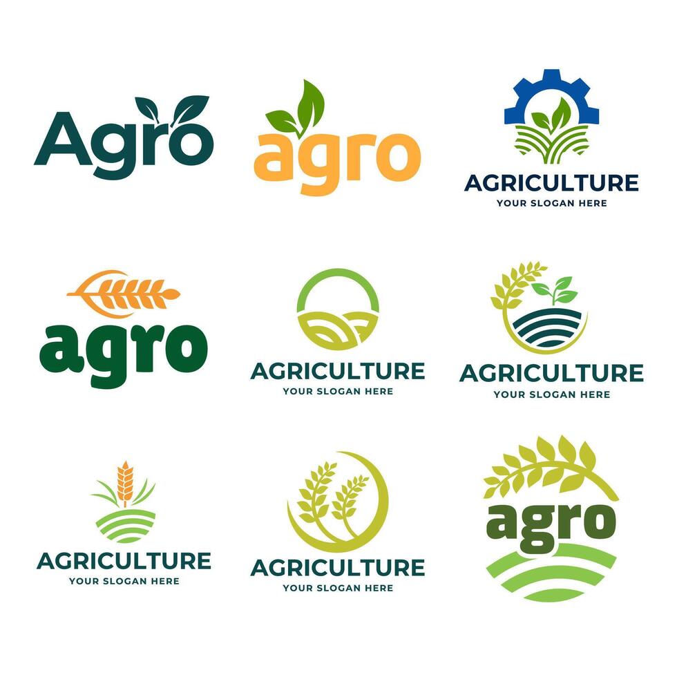 lantbruk logotyp design. uppsättning av ikon. agronomi logotyp med växt isolerat på vit bakgrund vektor