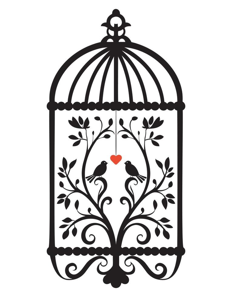 silhuett av en fågel bur dekorativ med löv, svart vägg dekaler med flygande fåglar i bur, minimalistisk dekorativ konst för interiör, silhuett av en dekorativ årgång fågel bur vektor