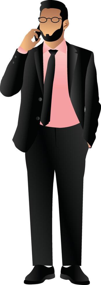 Illustration von Geschäftsmann steht und reden Handy, Mobiltelefon Telefon auf ein Weiß Hintergrund vektor