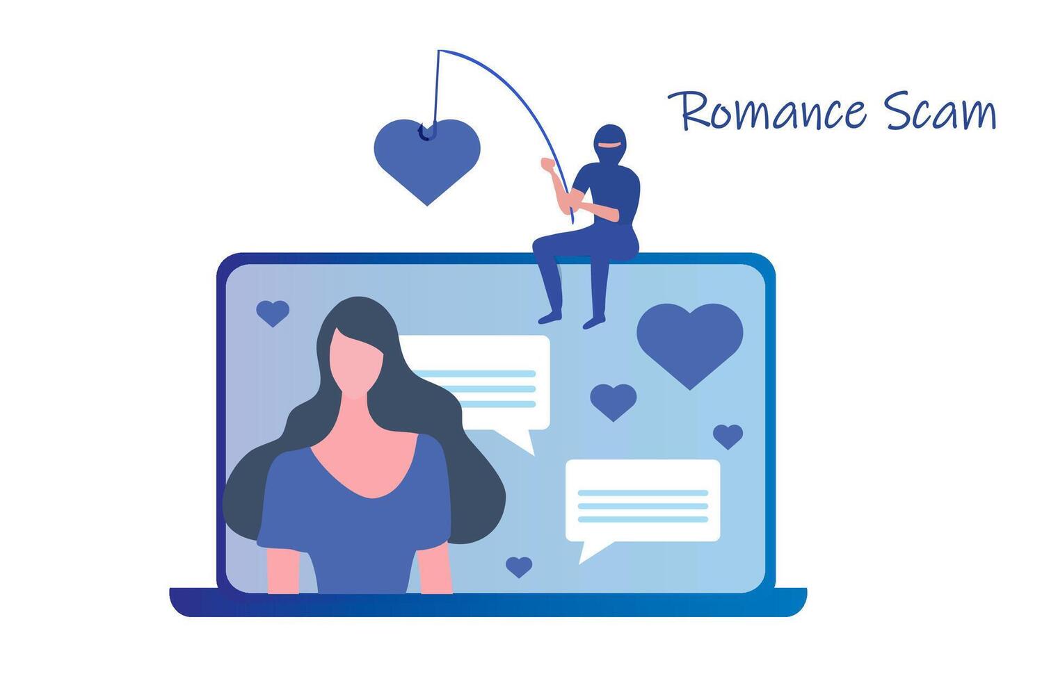 romantik bedrägeri, online dating bedrägeri, cyberbrottskoncept, kvinna kär i bedragare, hacker chattar online vektorillustration vektor