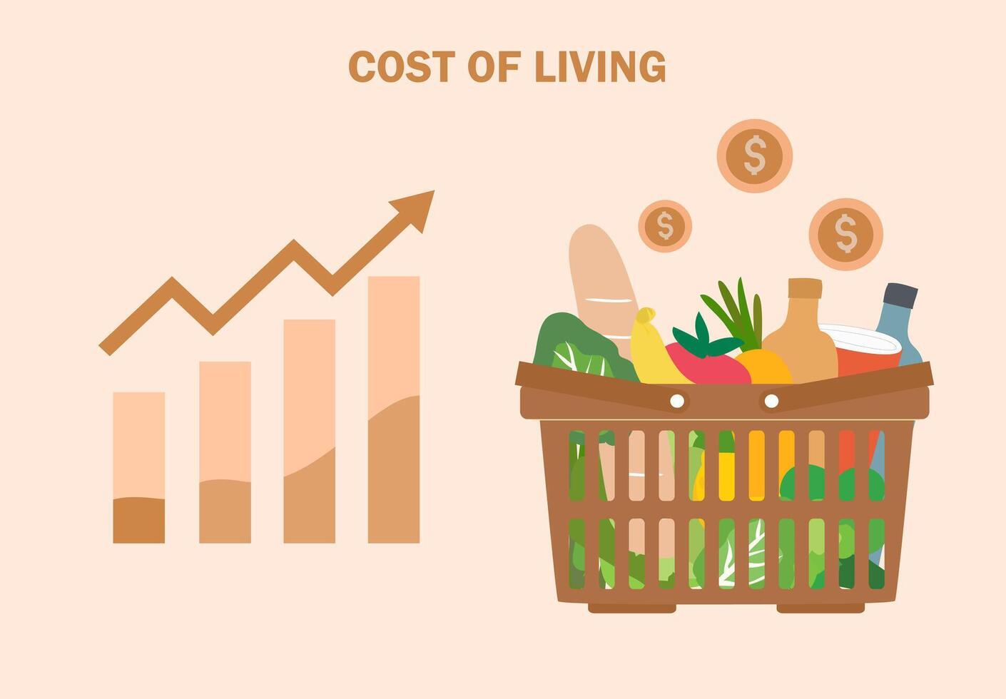 Lebensmittelgeschäft Einkaufen Korb mit hoch Graph. Kosten von Leben, Wachstum von Lebensmittelgeschäft Preis, wirtschaftlich Inflation Vektor Illustration