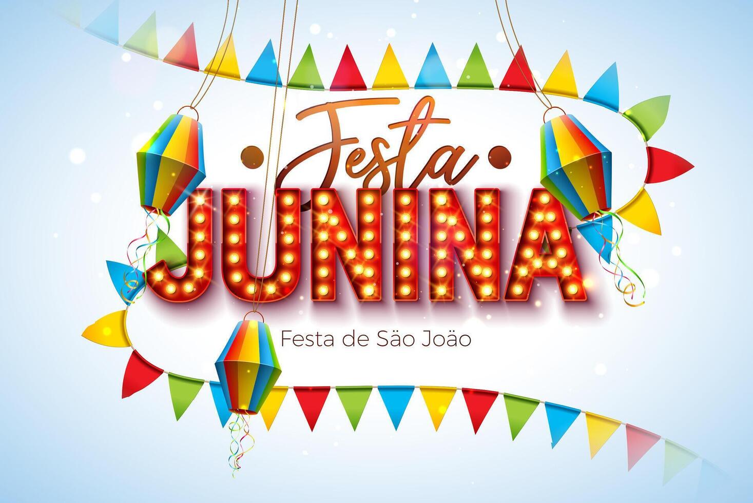 festa junina illustration med papper lykta, fest flaggor och ljus Glödlampa anslagstavla brev på rena bakgrund. vektor Brasilien helgon john juni festival design för hälsning kort, baner eller Semester affisch