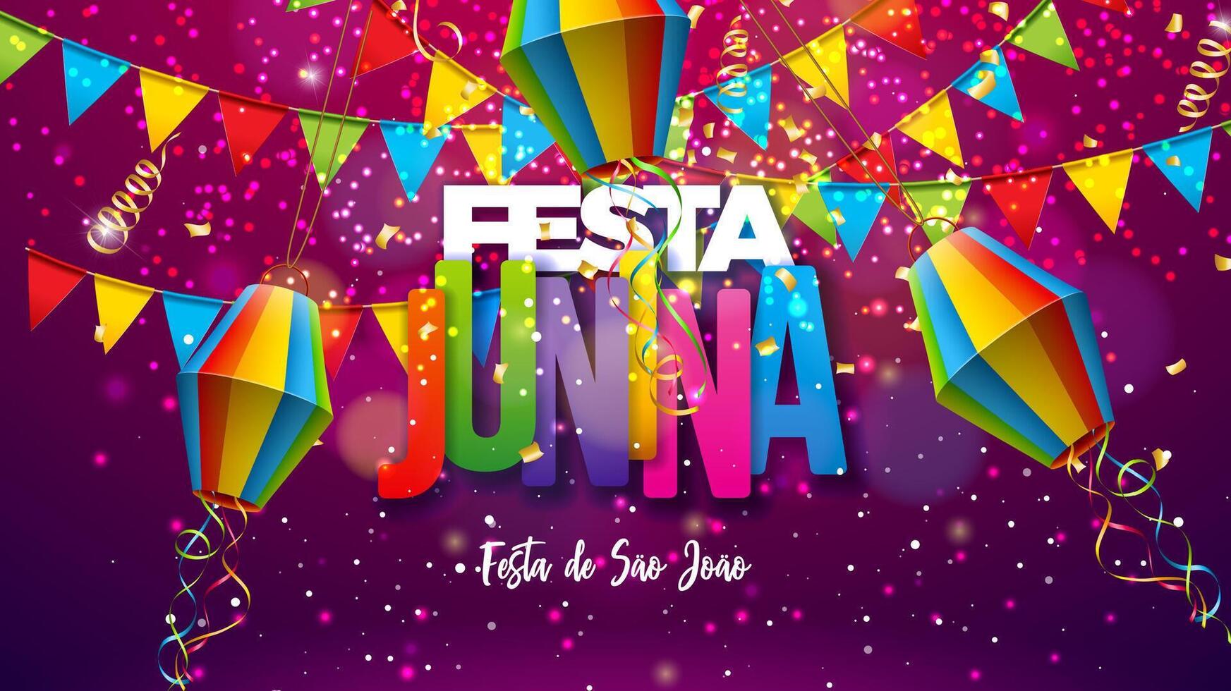 festa junina Illustration mit Party Flaggen und Papier Laterne auf violett Hintergrund. Vektor Brasilien Juni sao Joao Festival Design mit 3d Beschriftung zum Gruß Karte, Banner, Einladung oder Urlaub Poster