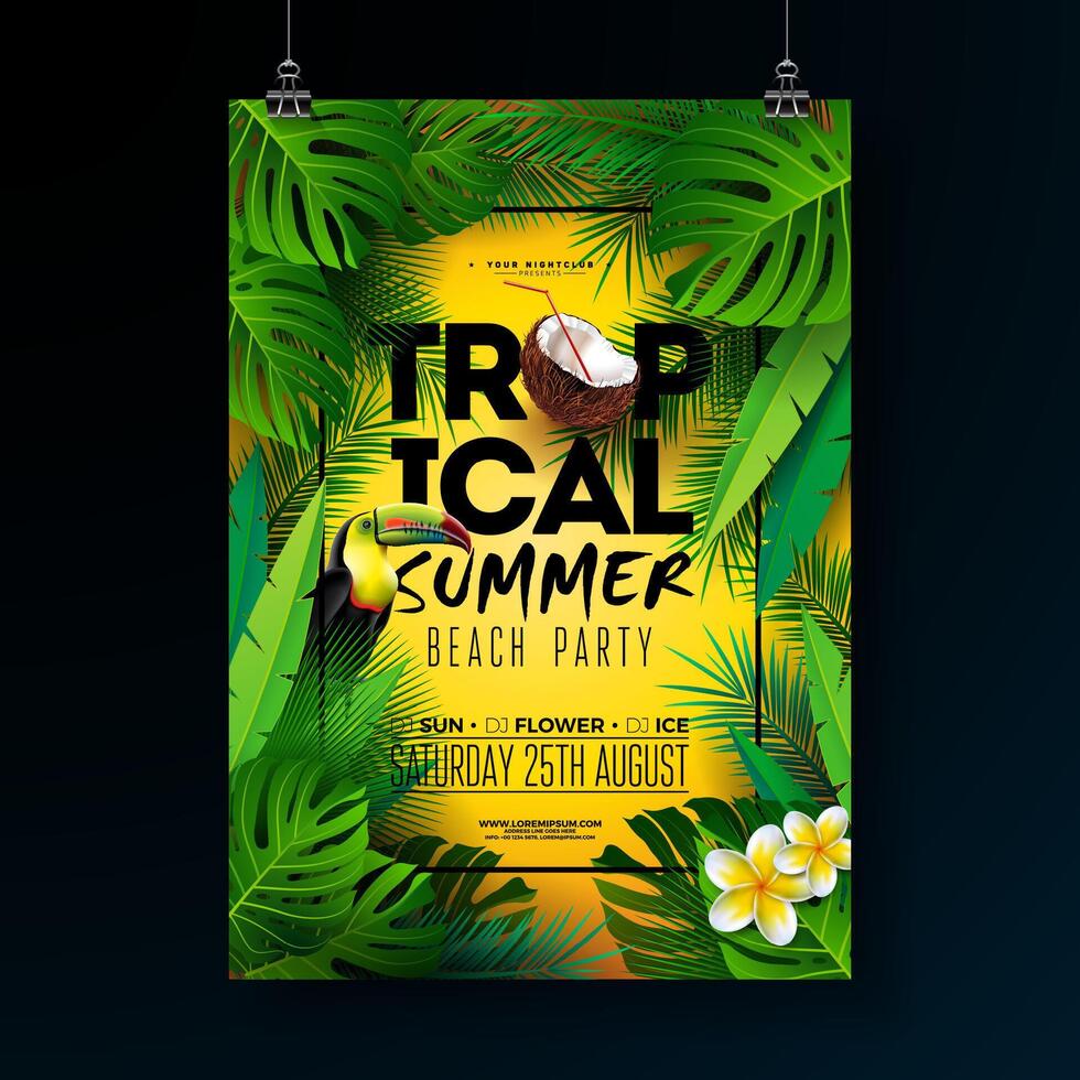 tropisk sommar strand fest flygblad design med blomma, tropisk handflatan löv och toucan fågel på Sol gul bakgrund. vektor sommar strand firande illustration mall med typograpy brev för