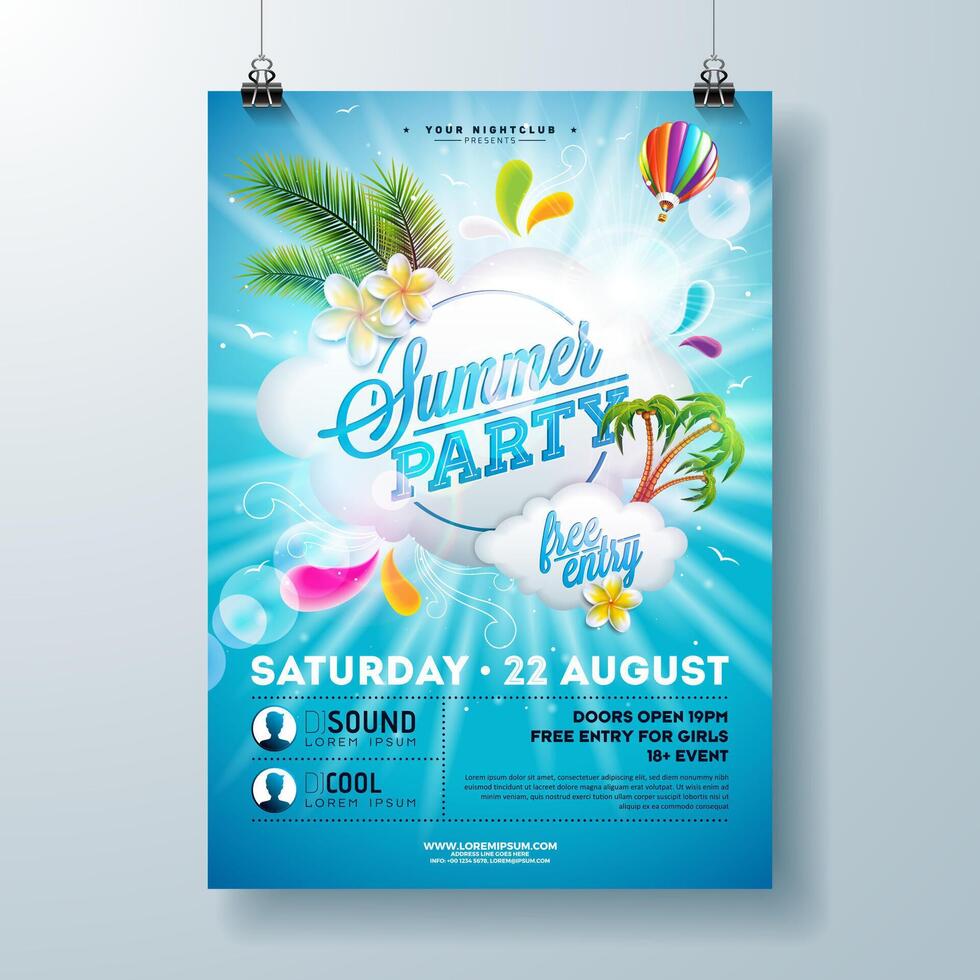 Sommer- Schwimmbad Party Poster Design Vorlage mit Palme Blätter, Wasser und Strand Ball auf Blau unter Wasser Ozean Hintergrund. Vektor Urlaub Illustration zum Banner, Flyer, Einladung, Poster.