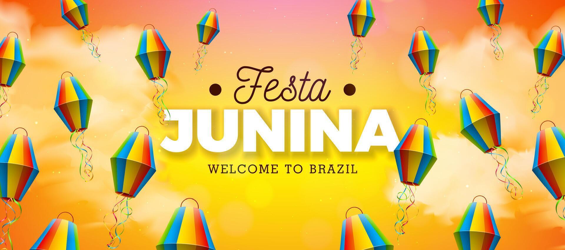 festa junina illustration med papper lykta och typografi text på Sol gul molnig himmel bakgrund. vektor Brasilien juni sao joao festival design för baner, hälsning kort, inbjudan eller Semester