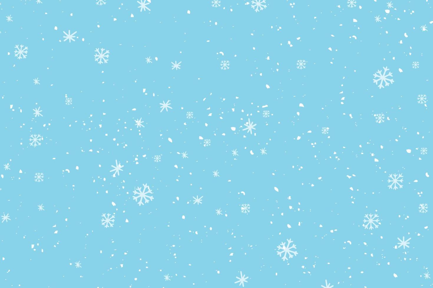 Winterschneefall und Schneeflocken auf hellblauem Hintergrund. handgezeichnetes Schneemuster. Gekritzel kalter Winterhimmelhintergrund vektor