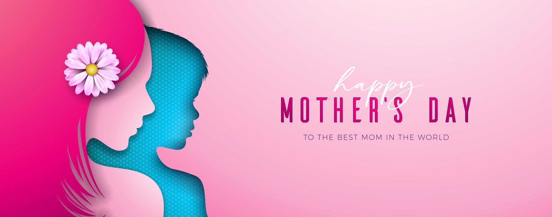 glücklich Mutter Tag Gruß Karte Design mit Frühling Blume im Frau Gesicht und Kind Silhouette auf Licht Rosa Hintergrund. Vektor Mütter Tag Illustration zum Banner, Flyer, Einladung, Broschüre, Poster.