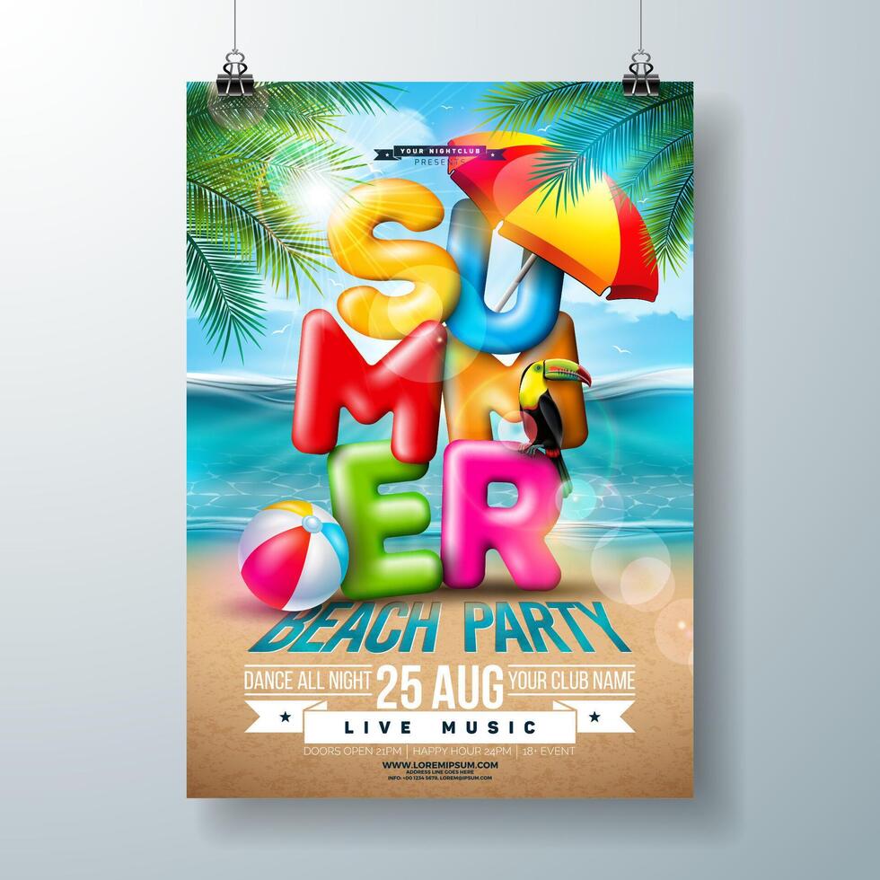 vektor sommar strand fest flygblad design med 3d typografi brev och tropisk handflatan löv på hav landskap bakgrund. sommar semester Semester design mall med toucan fågel, strand boll och