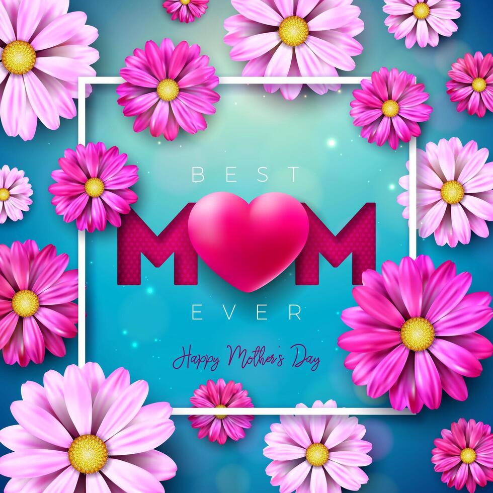 jag kärlek du mamma. Lycklig mors dag hälsning kort design med blomma och röd hjärta på blå bakgrund. vektor firande illustration mall för baner, flygblad, inbjudan, broschyr, affisch.