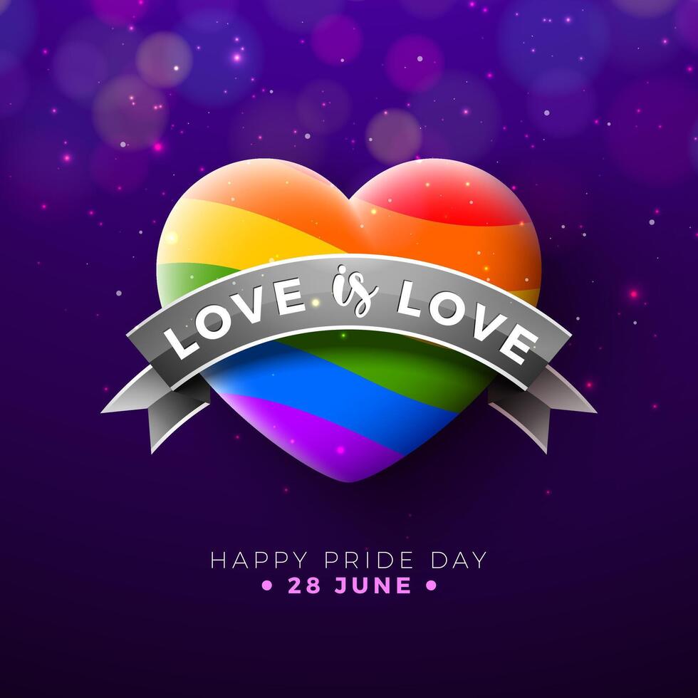 Lycklig stolthet dag lgbtq illustration med regnbåge hjärta och färgrik fest flagga på lila bakgrund. 28 juni kärlek är kärlek mänsklig rättigheter eller mångfald begrepp. vektor HBTQ händelse baner design för baner