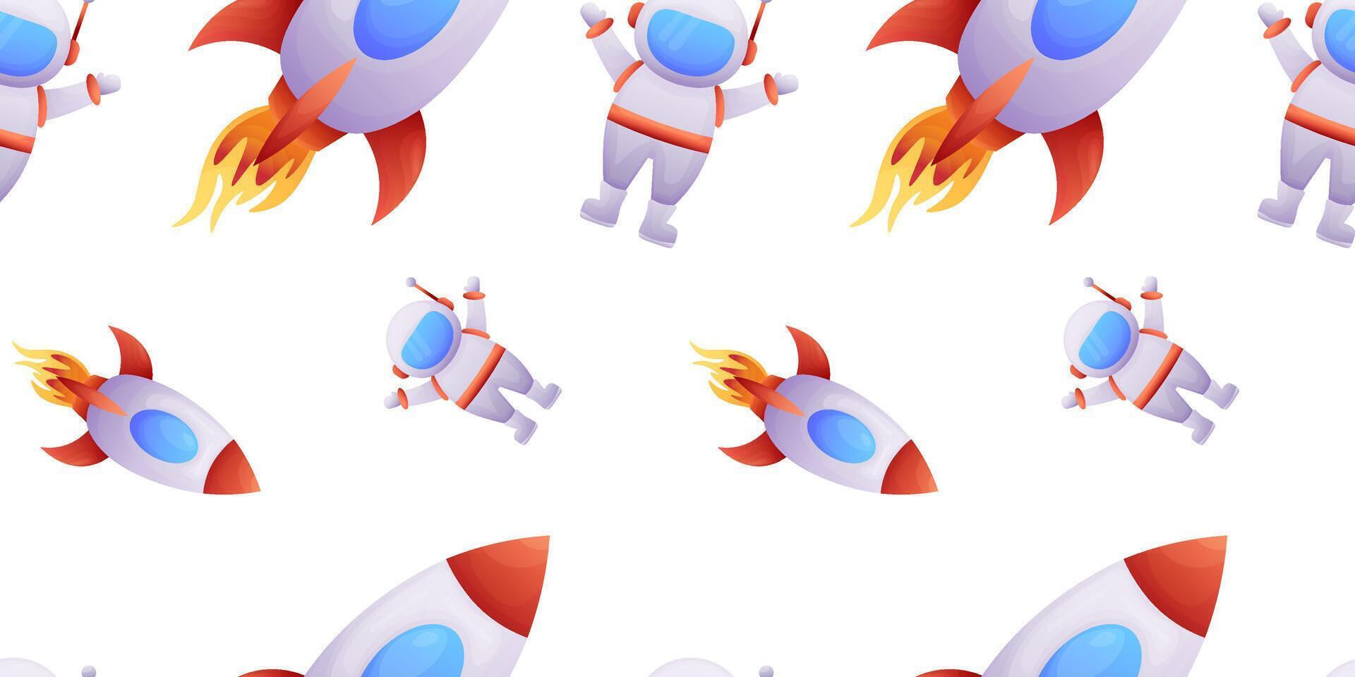nahtlos Muster mit Karikatur Raum Raketen und ein Astronaut auf ein Weiß Hintergrund. Vektor Illustration von Hintergrund, Verpackung, Banner, Verpackung