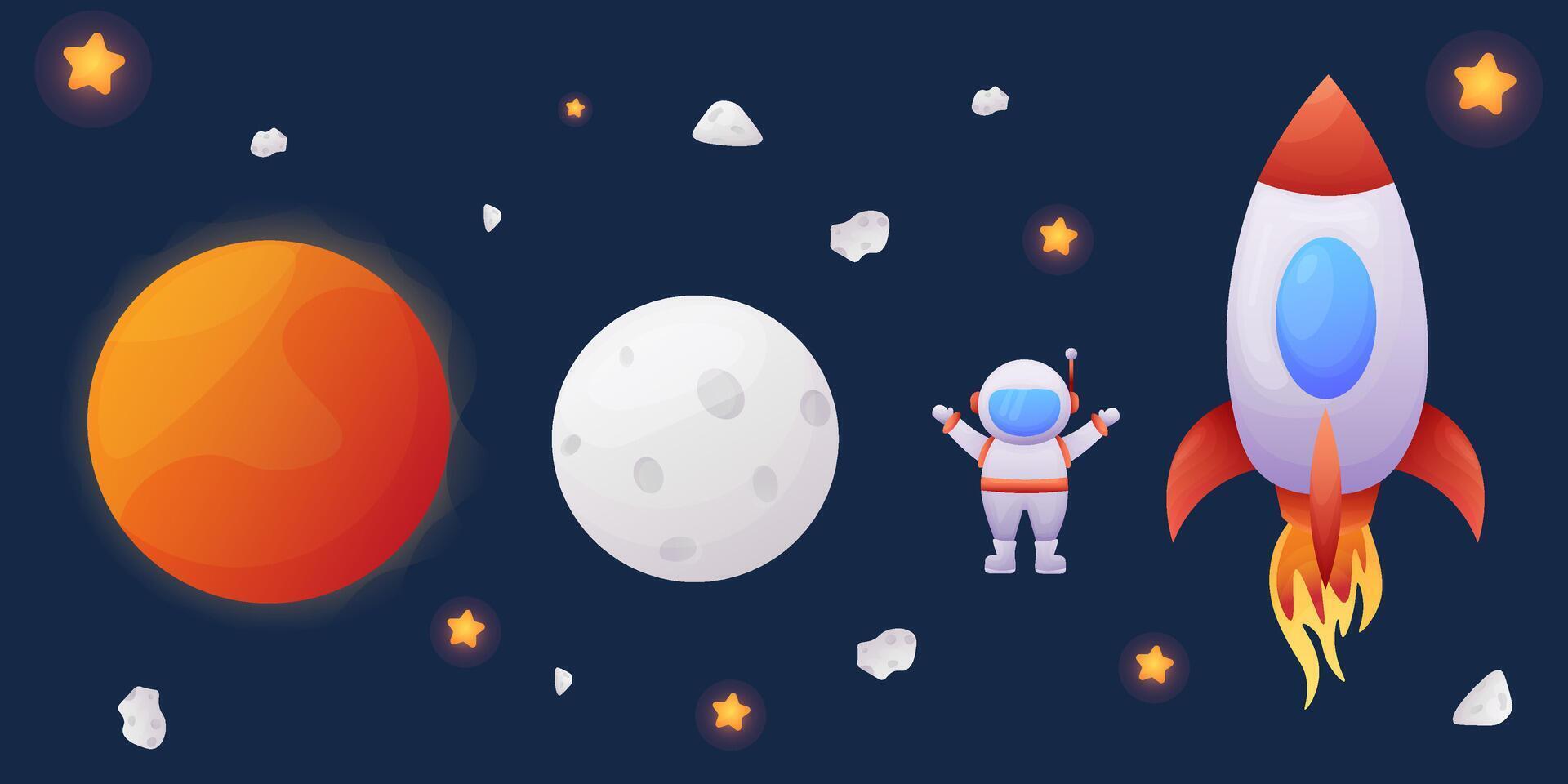 baner tecknad serie solar och månar, astronaut, raket, stjärnor och meteoriter på en blå bakgrund. vektor illustration. planetarium