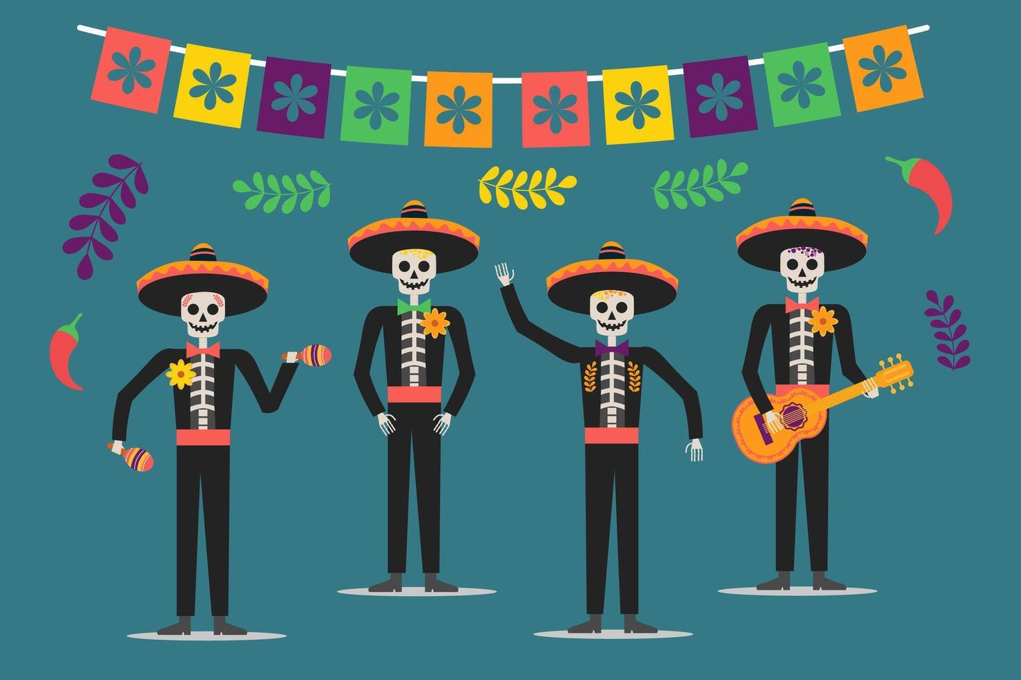 cinco de Mayonnaise Postkarte. komisch Skelette spielen Gitarre, maracas. Vektor Illustration
