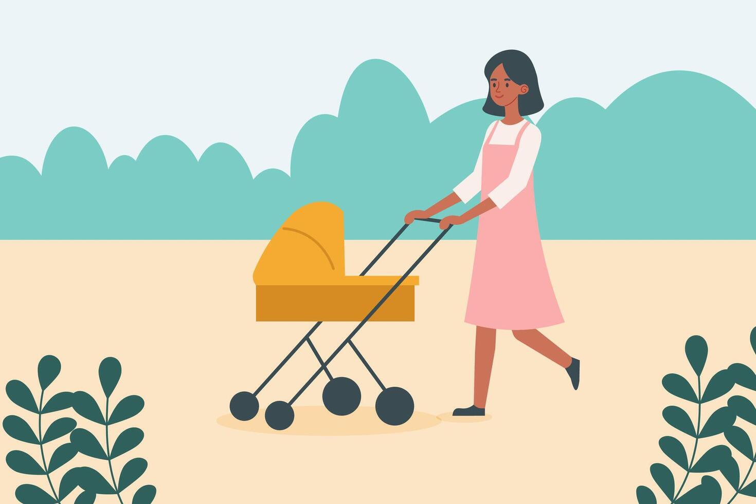 Lycklig mor på promenad med nyfödd i sittvagn. kvinna tryckande pråm med barn i parkera. platt vektor illustration