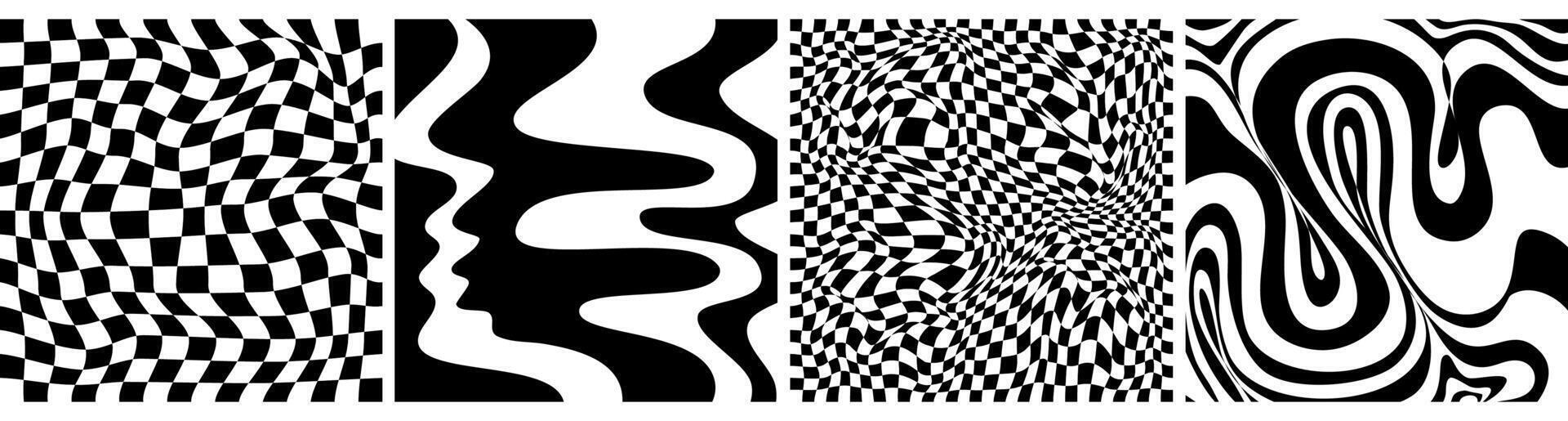 Schachbrett psychedelisch Muster einstellen schwarz und Weiß. Schachbrett Hintergrund y2k retro Netz. psychedelisch Textur Vektor Illustration.
