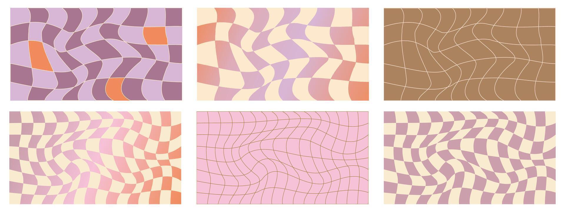 checkerboard psychedelic mönster uppsättning beige och lila. checkerboard bakgrund y2k retro rutnät. psychedelic textur vektor illustration.