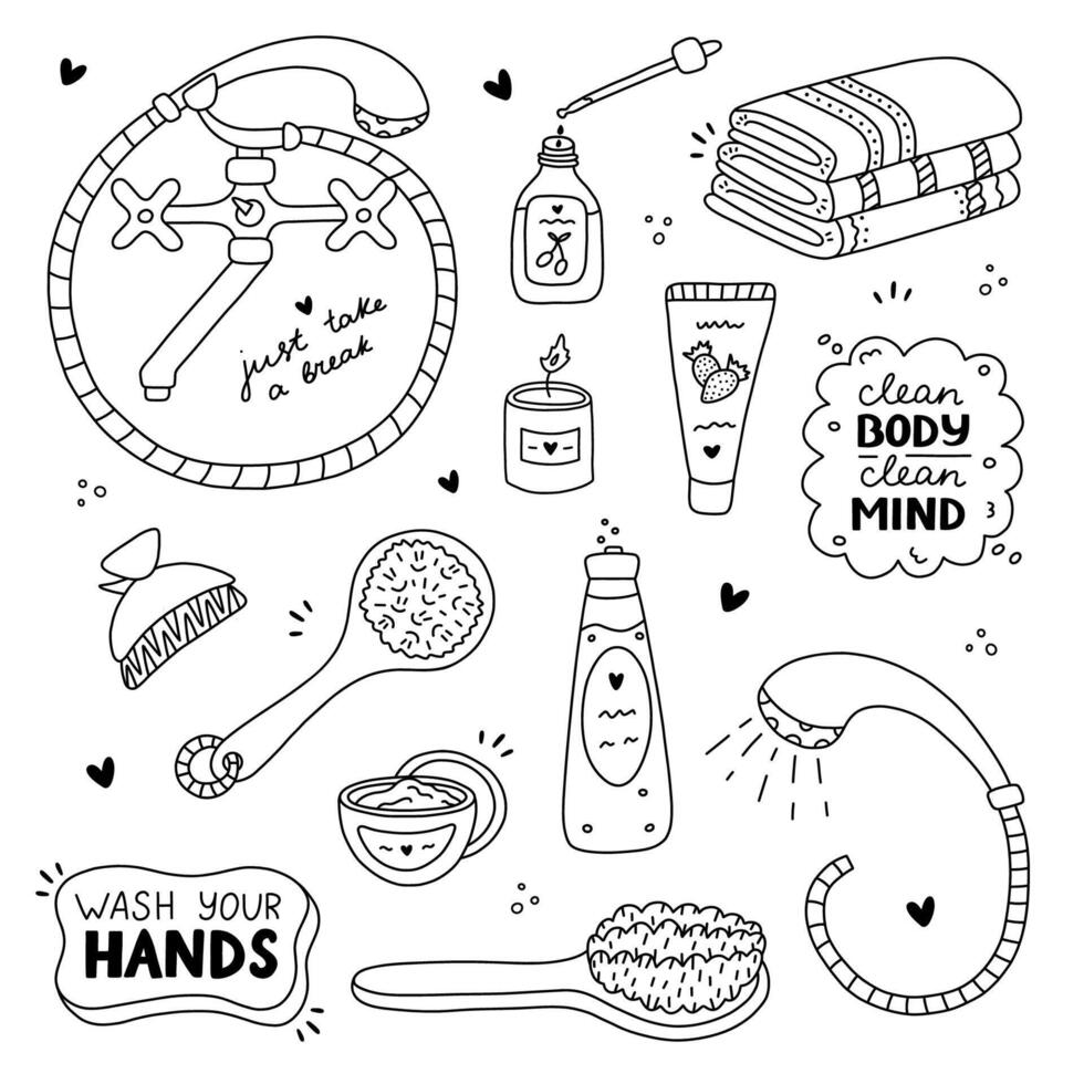 süß Hand gezeichnet Gekritzel einstellen von Hygiene Artikel, Badezimmer und Dusche Zubehör. Produkte zum Hautpflege, Schönheit, Körper Pflege, selbst Liebe im modisch Stil. Seife, Mikrofaser Handtuch, Shampoo, Creme, Ente, Öl vektor