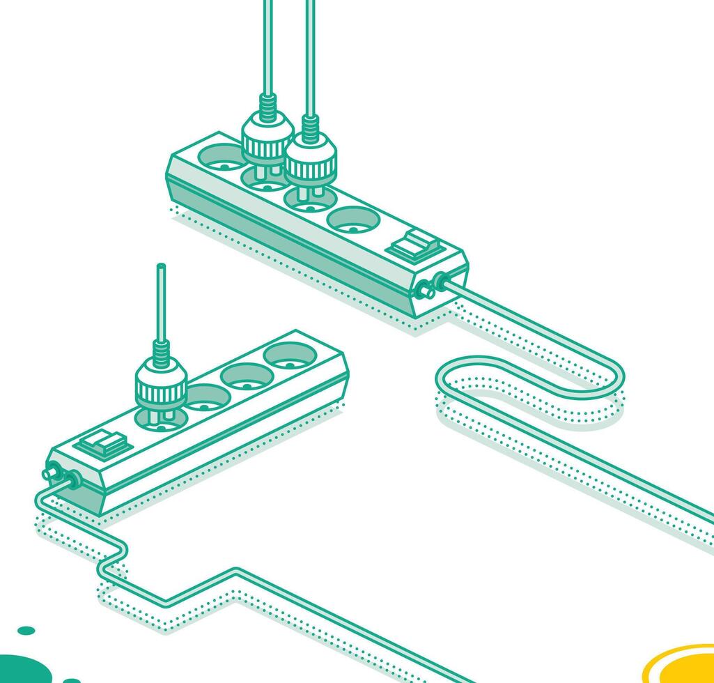 modern elektrisch Erweiterung Kabel mit Stecker. elektrisch Leistung Steckdose Streifen. isometrisch Gliederung Konzept. zwei Objekte. Powerboard mit vier Schlüssel. vektor