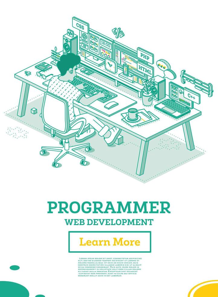 programmerare. frontend eller backend utvecklare sitta på stol med hjul i främre av två monitorer med koda. html, css, php, c programmering koda. skapande en webb layout eller app mall. ui ux gränssnitt. vektor