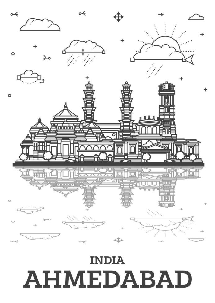 Gliederung Ahmedabad Indien Stadt Horizont mit historisch Gebäude und Reflexionen isoliert auf Weiß. Ahmedabad Stadtbild mit Sehenswürdigkeiten. vektor