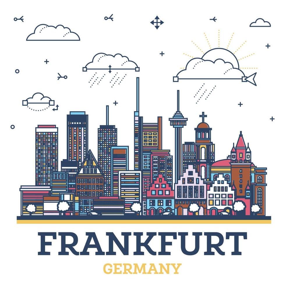 Gliederung Frankfurt Deutschland Stadt Horizont mit modern farbig Gebäude isoliert auf Weiß. Frankfurt Stadtbild mit Sehenswürdigkeiten. vektor