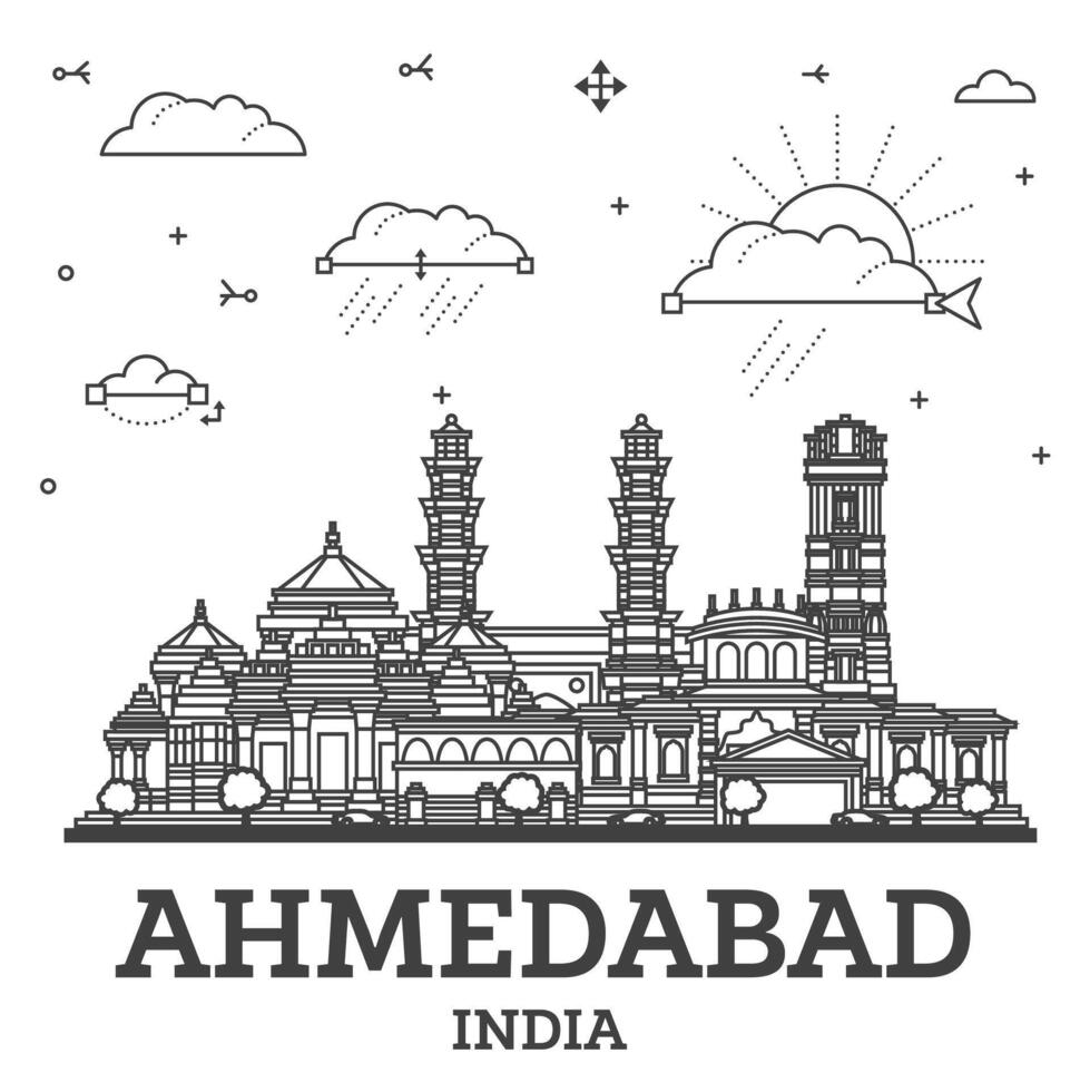 översikt Ahmedabad Indien stad horisont med historisk byggnader isolerat på vit. Ahmedabad stadsbild med landmärken. vektor