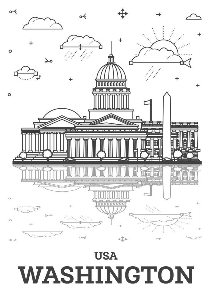 översikt Washington dc USA stad horisont med modern byggnader och reflektioner isolerat på vit. illustration. Washington dc stadsbild med landmärken. vektor