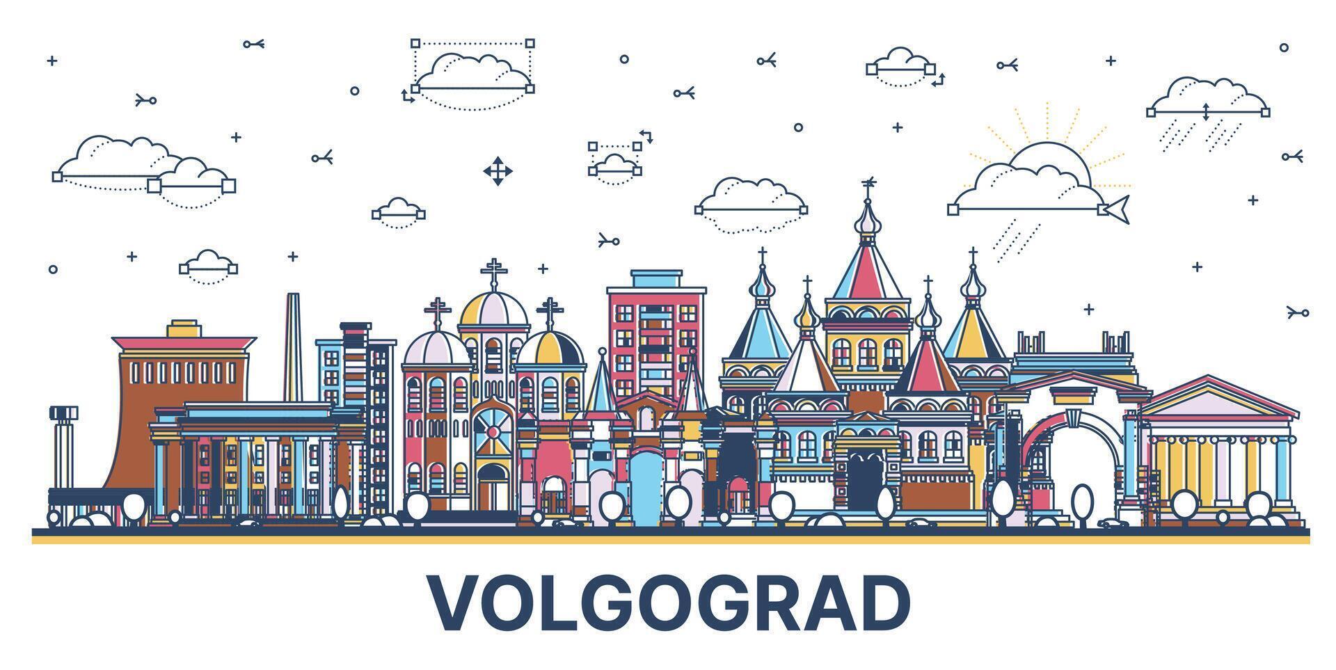 översikt volgograd ryssland stad horisont med färgad modern och historisk byggnader isolerat på vit. volgograd stadsbild med landmärken. vektor