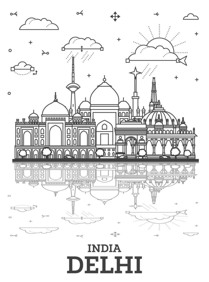 översikt delhi Indien stad horisont med historisk byggnader och reflektioner isolerat på vit. illustration. delhi stadsbild med landmärken. vektor