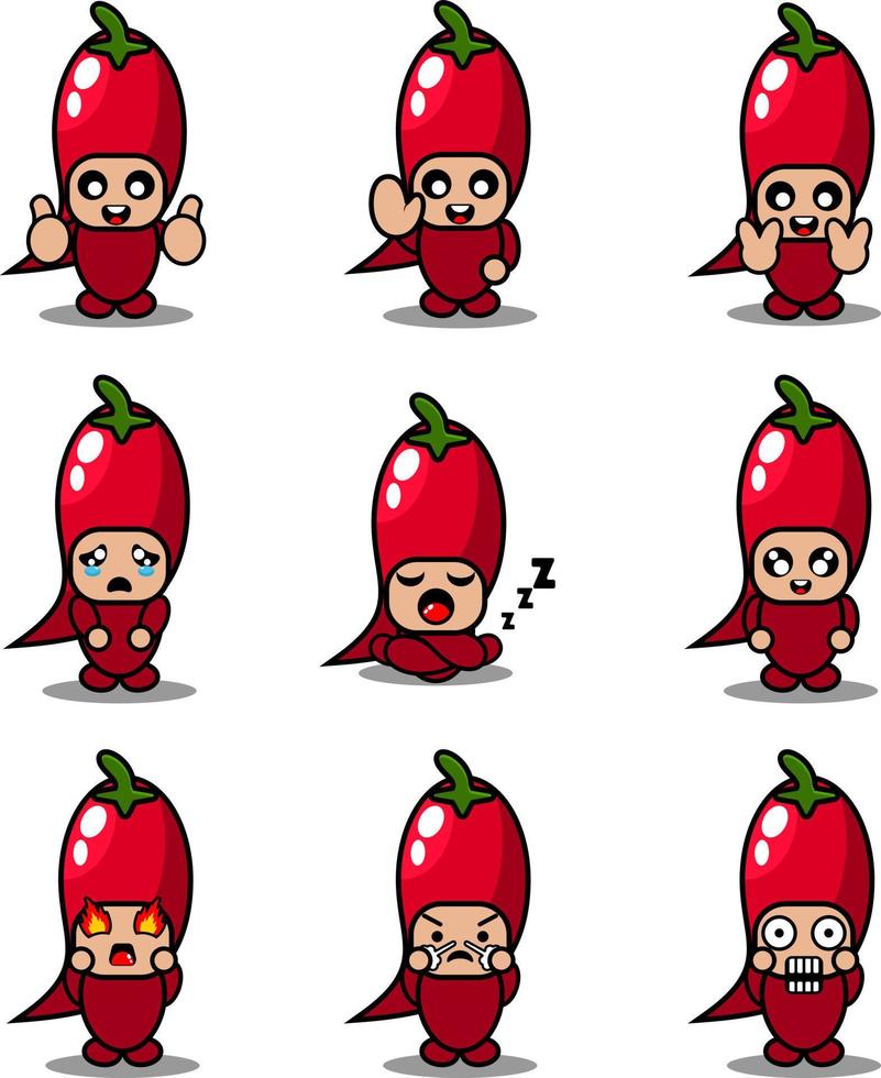 seriefigur illustration röd chili maskot kostym vektor söta uttryck set