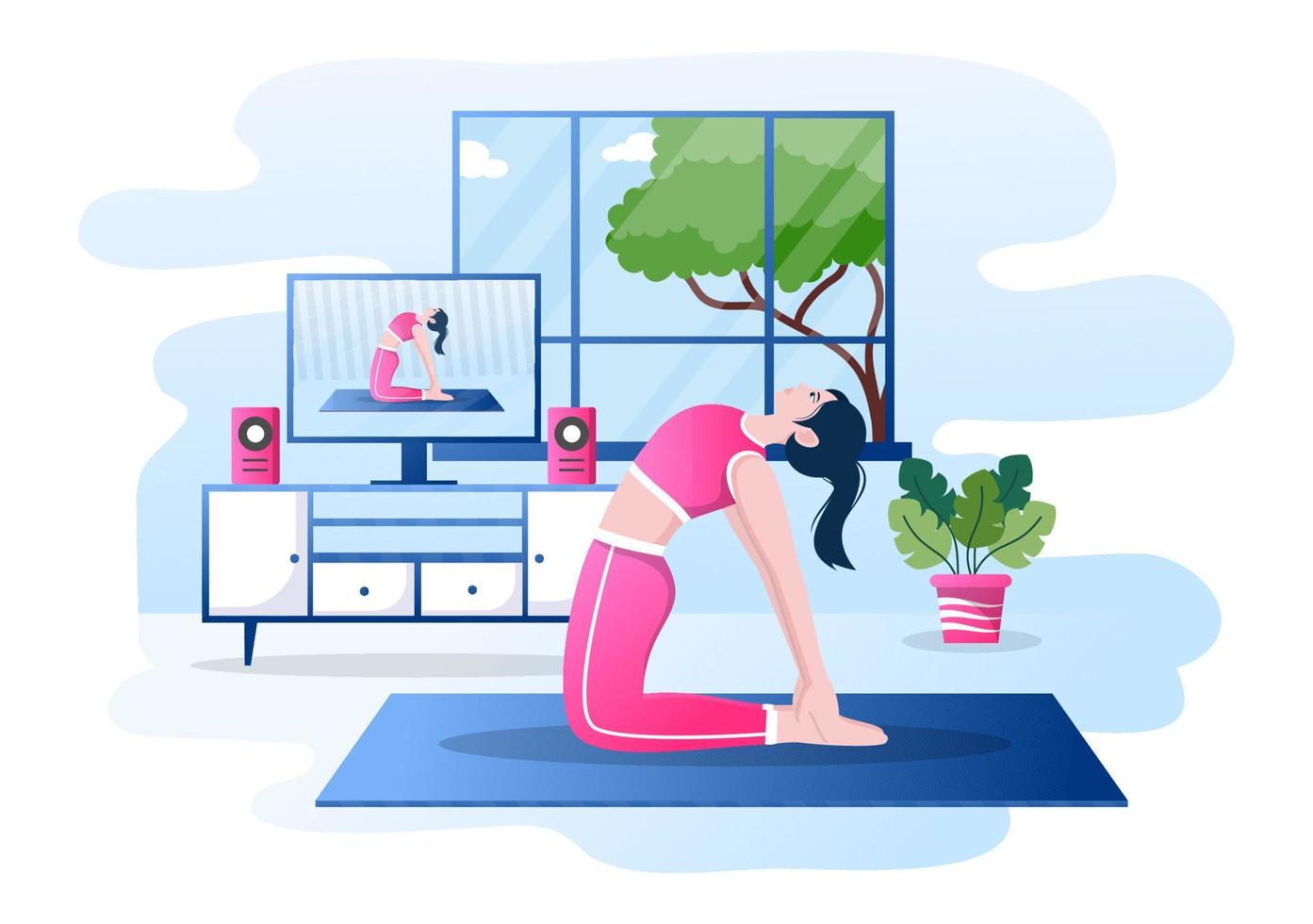 videotutorials med kvinna som tittar på yoga onlinevideo och upprepar stretchövningar för att träna hemma. bakgrund vektor illustration