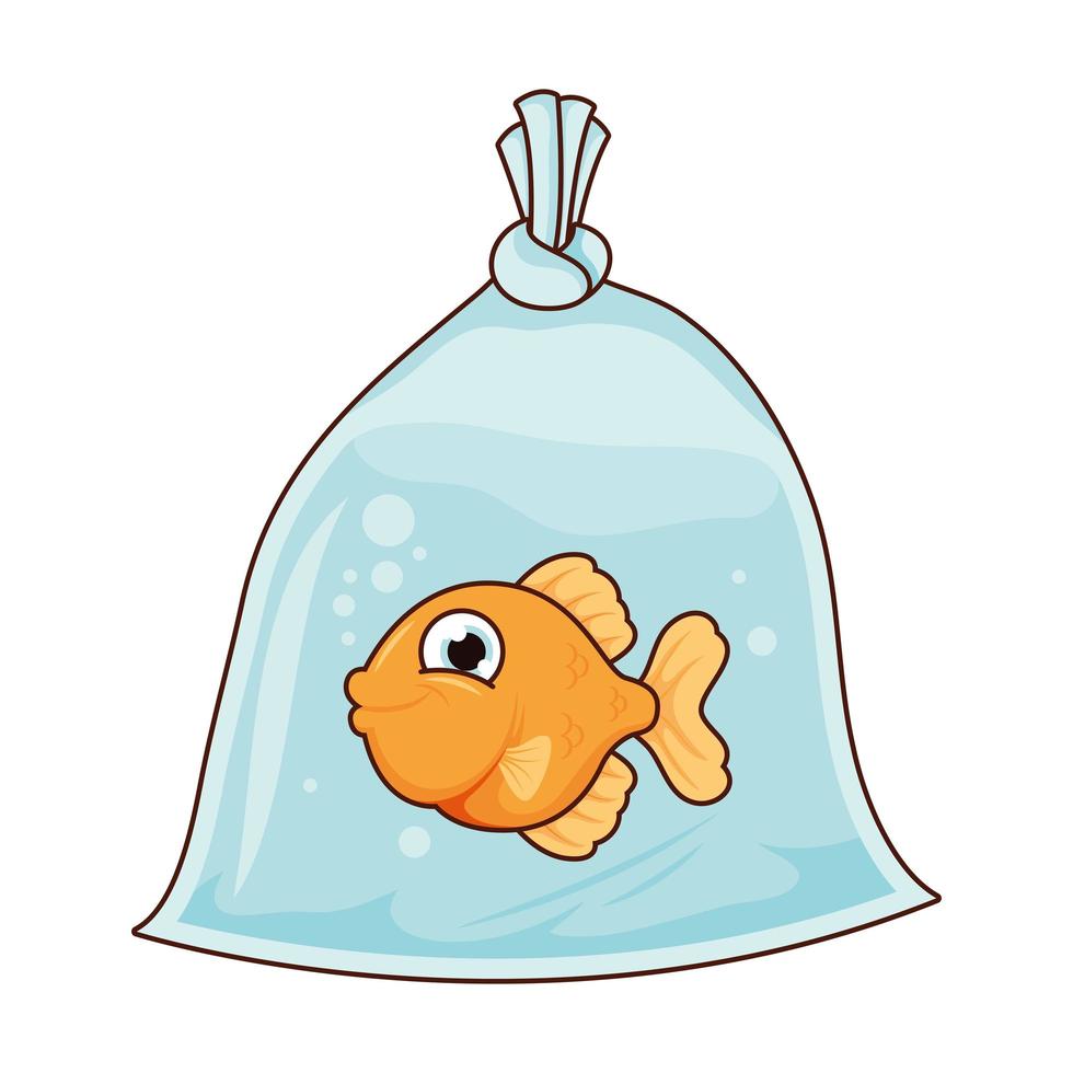 süßer Fisch in Plastiktüten-Haustier-Cartoon-Figur vektor