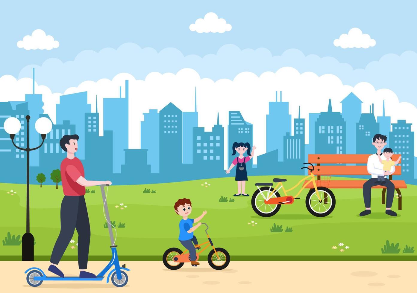 cykel och skoter platt vektorillustration. människor som åker på den, sport, fritidsaktiviteter utomhus på parkväg eller motorväg lever en hälsosam livsstil vektor