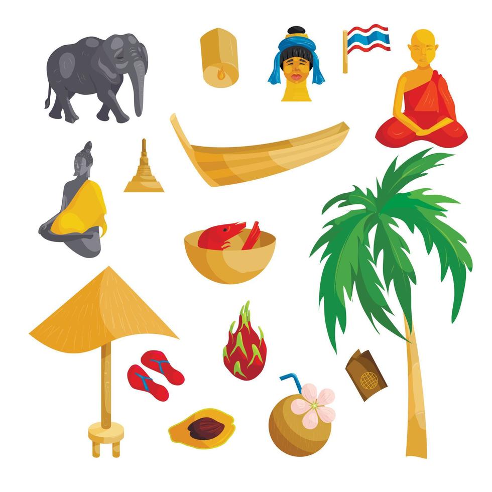 Thailand Icons Set, Cartoon-Stil vektor