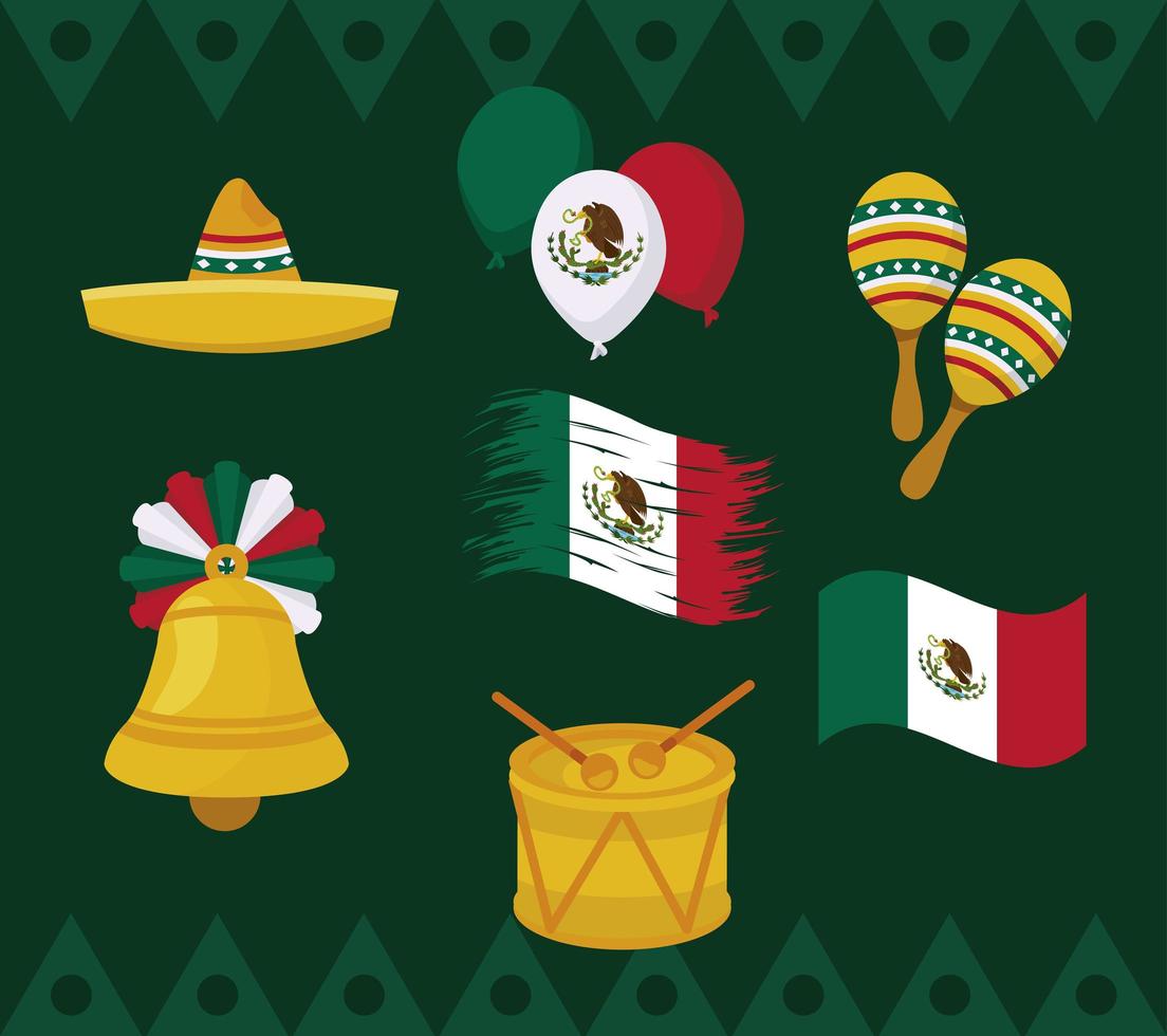 självständighet Mexiko nio ikoner vektor