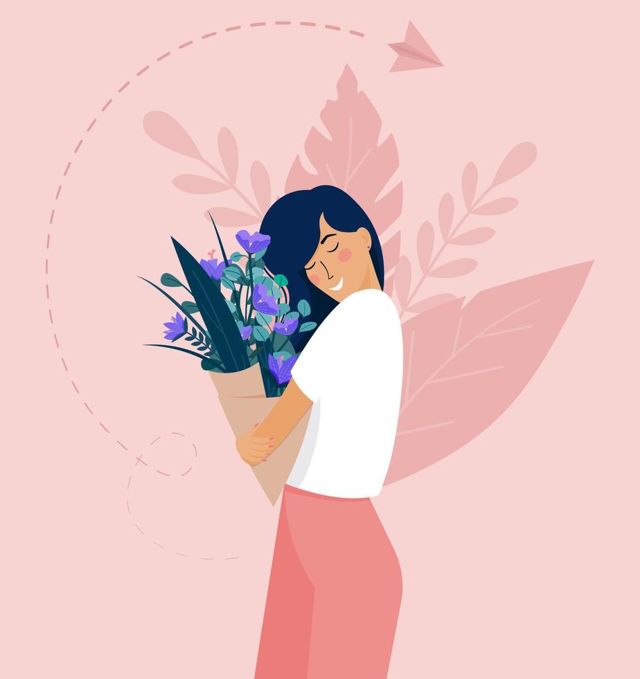 Vektor-Illustration von Mädchen mit Blumen. Vektor-Illustration der Online-Bestellung von Blumenstrauß für Frauen. Banner für Blumenladen vektor