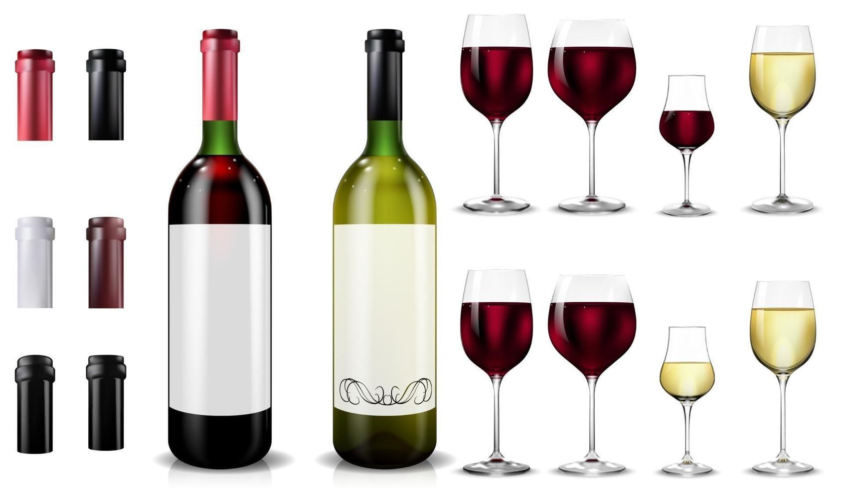 Rot- und Weißweinflaschen und -gläser. realistisches Modell vektor
