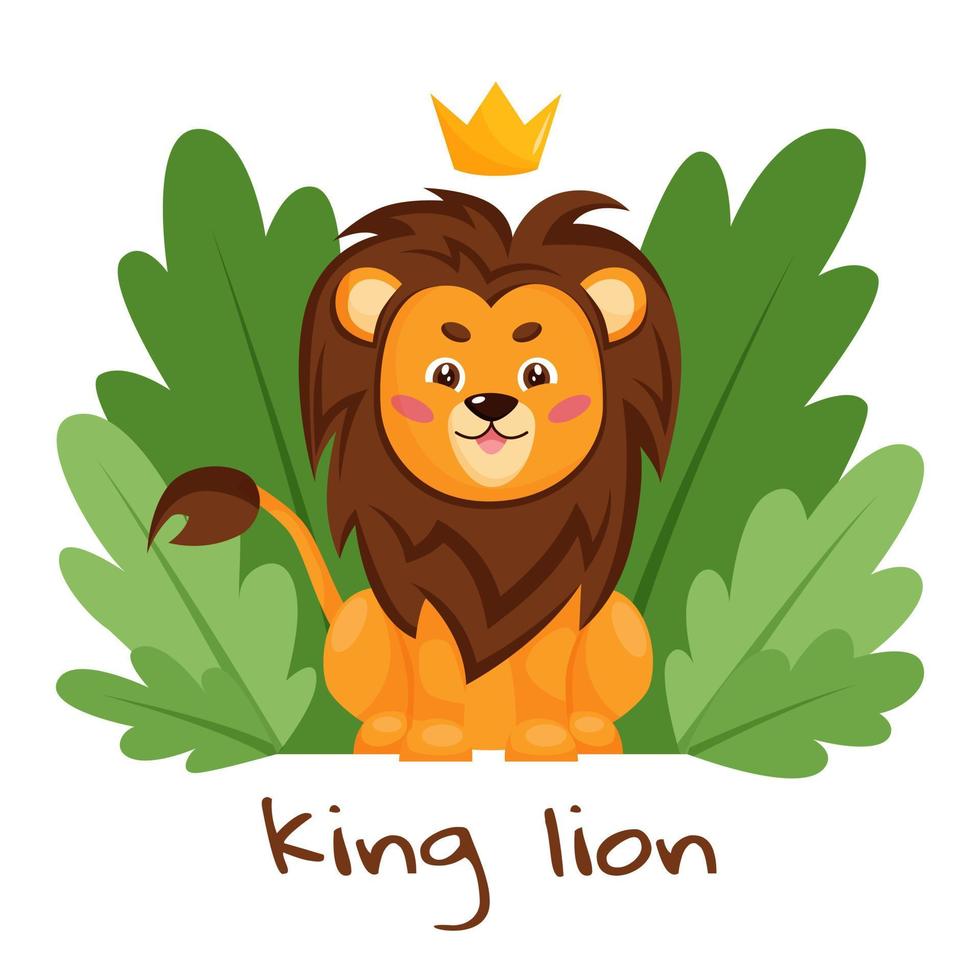 süßer Cartoon-Löwenkönig, der mit Krone, Pflanzen und Blättern sitzt. Vektor-isolierte Illustration für Druck, Textil, Grußkarte oder Einladung. vektor